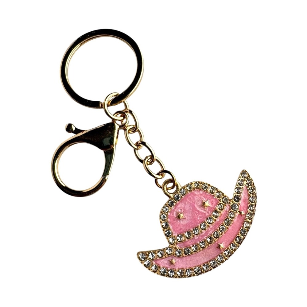 Pink Gold Cowboy Hat Key Chain 4" Rhinestone Enamel Charm Western Bag Accessory